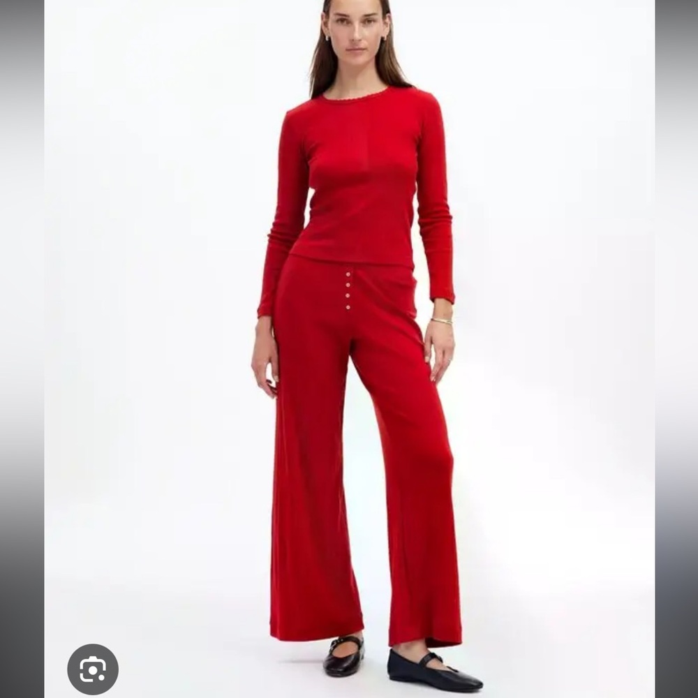 LESET Red Wide Leg Pants  and top madewell